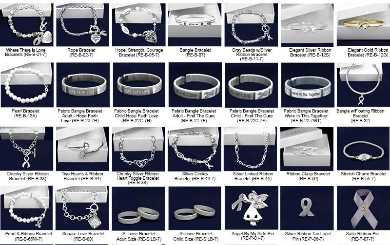 Gray Ribbon Fundraising Kits This sampler kit has 1 sample of every jewelry item that we sell.
