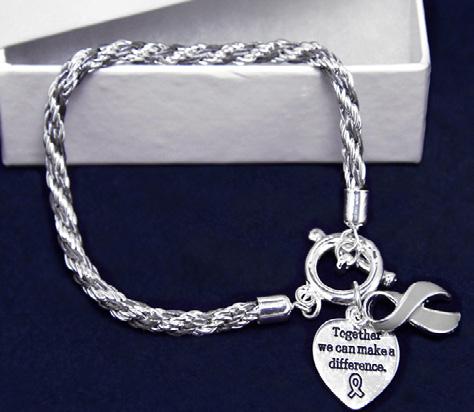 A gray ribbon charm and a heart charm that says, Where There Is Love There Is Life. Comes in optional gift box.