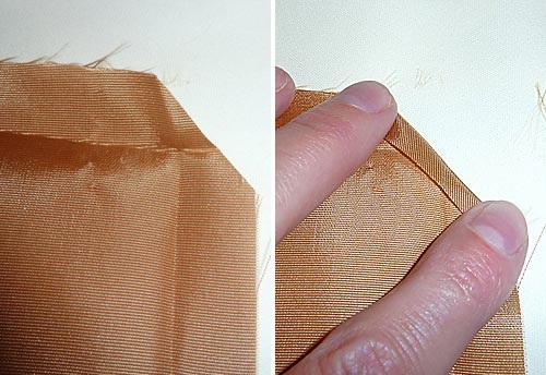 another ¼" fold). This second fold tuns under the raw edge to form the double-turn hem and forms the mitered corner.