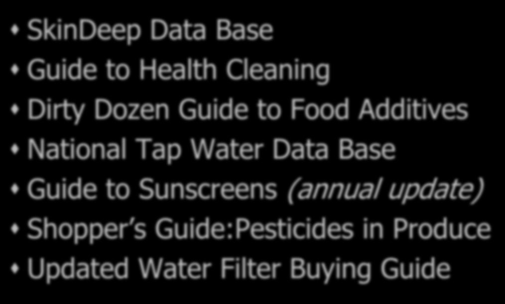 nvironmental Working Group SkinDeep Data Base Guide to Health Cleaning Dirty Dozen Guide to Food Additives National Tap