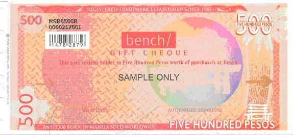The Bench Gift Certificate may be used in all branches of the following brands: Aldo B/Tweeners Bench Bench Body Call It Spring CC-OO Celio Charles and Keith