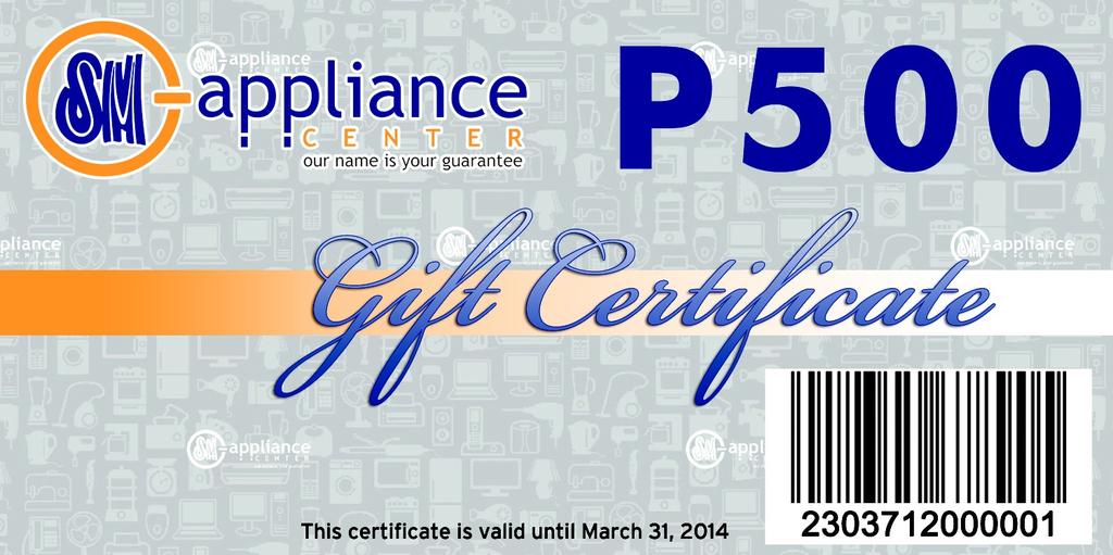 SM Appliance Center SM Appliance Center Gift Certificate may be redeemed in these participating SM Appliance Center stores: Lucky China Town Powerplant Mall SM Fairview SM Las Piñas SM Makati SM Mall