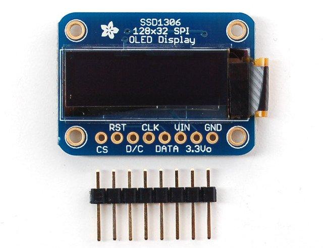 Wiring 128x32 SPI OLED display 128x32 SPI OLED The 128x32 SPI OLED is very easy to get up and running because it has built in level shifting. First up, take a piece of 0.1" header 8 pins long.