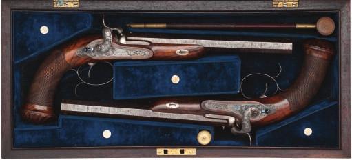 398 detail 398 A FINE CASED PAIR OF 50 BORE PERCUSSION RIFLED DUELLING PISTOLS BY CHARLES MOORE, 77 ST JAMES STREET, LONDON, NO.