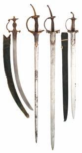 30 30 AN INDIAN SWORD, TALWAR, FOR A BOY, 18TH CENTURY, AND THREE INDIAN SWORDS, KHANDA, FOR BOYS, 18TH CENTURY the first with curved single-edged blade of watered steel, steel hilt of characteristic