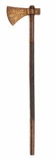 32 33 34 32 AN INDIAN TABAR, EARLY 19TH CENTURY with wedge-shaped head formed with a curved leading edge, square rear pean, short domed central finial, and tubular socket, on its wooden haft, the