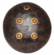 5cm; 23in diameter 300-400 77 AN INDIAN HIDE SHIELD, DHAL, LATE 18TH/19TH CENTURY 76 of circular deep convex form, fitted with four central steel bosses decorated with gold koftgari scrollwork and
