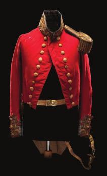 170 170 A GENERAL S FULL DRESS COATEE, EPAULETTE, WAISTBELT AND SLINGS, 1828-32 the coatee of scarlet wool, with dark blue collar and cuffs; the collar, cuffs and pocket flaps all applied with gold