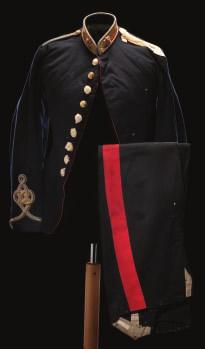 Hart (some moth and staining); the overalls of blue wool with scarlet seam stripes, retaining all buttons and with a label inscribed J.H. Hart 200-300 183 AN OFFICER S FULL DRESS TUNIC AND UNDRESS
