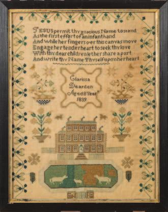 300-400 602 A mid 19th century needlework sampler the central verse within designs of flowering shrubs, stag and birds, enclosed by a strawberry meander border, worked in cream, brown and green silks