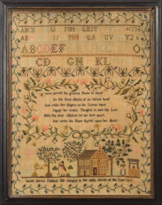 250-350 603 A mid-19th century needlework sampler with verse,a mansion with grazing cattle and gate house, flowering shrubs and birds, enclosed in a floral meander border, worked in coloured silks of