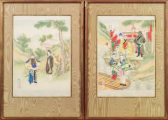 figures in traditional costume in mountainous landscapes, framed and