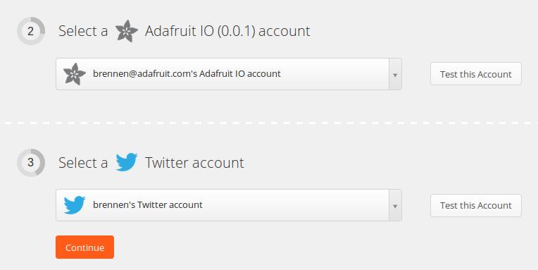 Next, select the accounts you set up for the previous zap (they should already be connected): Then select the feed you're going to use.