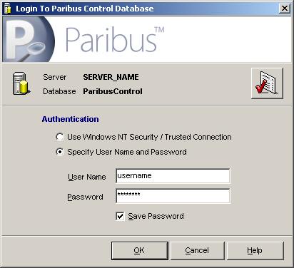 19 Running Paribus Logging into the Paribus Control Database Upon launching Paribus, you will typically be presented with the Login To Paribus Control Database window, as shown below.