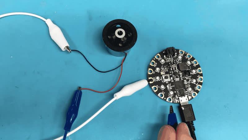 automatically start it spinning. Use alligator clips to connect the Black wire to GND, then connect a second alligator clip to the red wire and touch the 3.