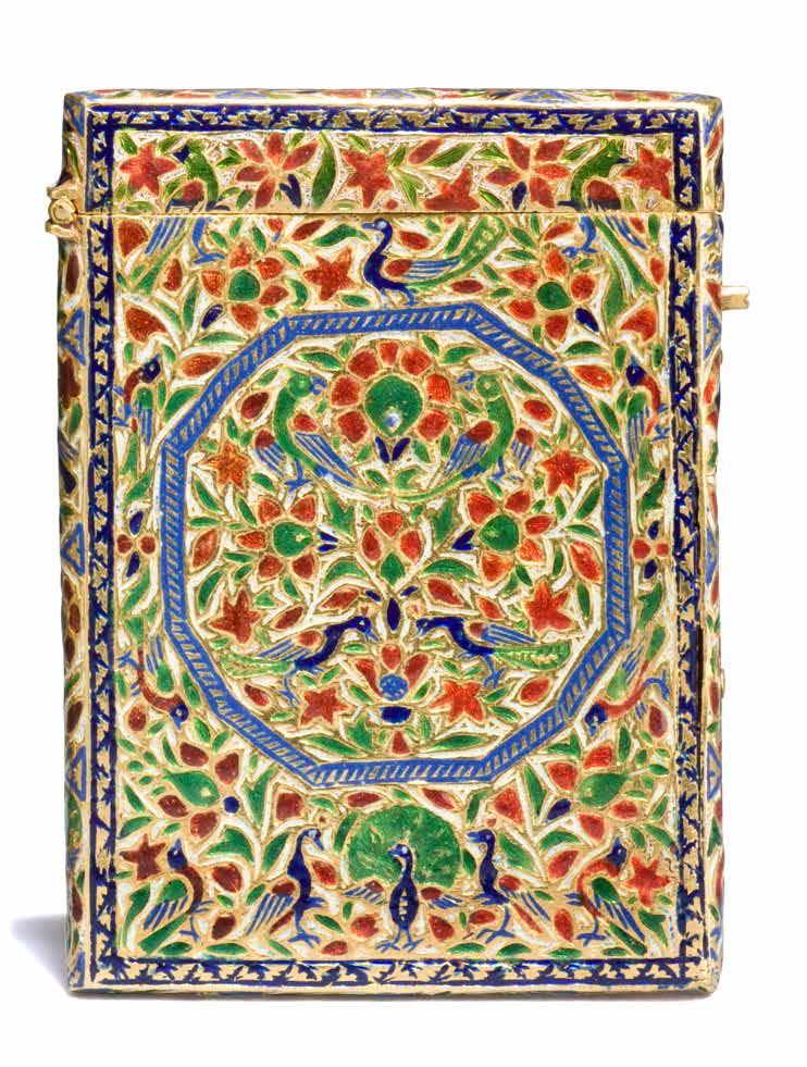 52 53 Card case India, Jaipur, 19 th century A gold and enameled card case of rectangular form, the hinged top opening and clicking shut by means of a spring device activated by a knob pressed in on