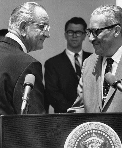 Vote President Johnson stands with Solicitor General Thurgood Marshall in Washington on June 13, 1967, following Johnson s nomination of Marshall to serve as a