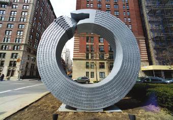 Left: Courthouse, 2013. Aluminum and steel, 20 x 4.3 x 3 ft. Center left: Helmsley, 2013. Steel, 15 x 14.5 x 2.6 ft. Bottom left: Citigroup, 2013. Foam, polyurethane, and steel, 16.5 x 6 x 2 ft.