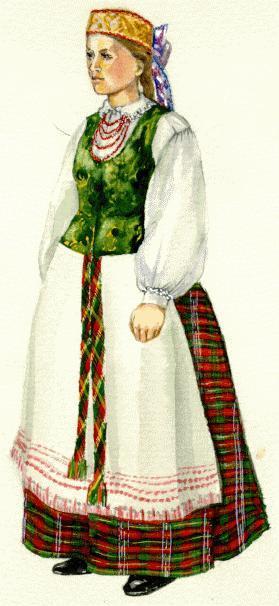Women s clothes Women wore long linen white shirts with red ornaments. Skirts were wide and long. Woolen skirts were green, red, yellow and purple. Linen skirts were white with a red border.