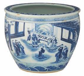 large Chinese deep charger, blue and white decorated with figures in a garden near a willow tree,