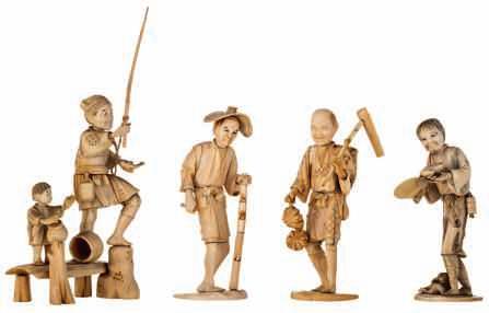 LOT 517 A lot of four Japanese later Meiji period ivory okimono, depicting scenes from daily life, H 15,5-25 cm, weight 158-175 - 196-352 g Added expertise report according to CITES legislation.