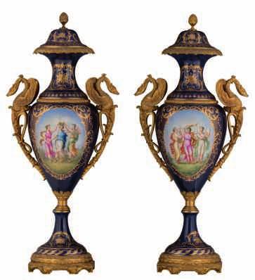pair of covered vases with gilt bronze mounts, decorated with a mother and child to the