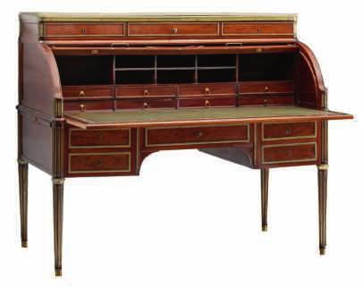 , decorated with mahogany veneer, gilt brass mounts, leather inlay and a Carrara marble top, H 78 - W