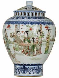 of Chinese hexagonal porcelain vases and covers, blue and white decorated with
