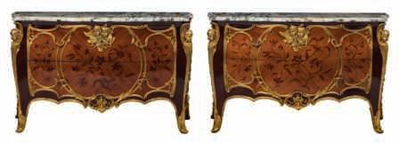 marble tops, H 99 - W 153 - D 67 cm 12000-16000 LOT 679 A pair of rococo style pedestals, marquetry