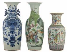 Chinese famille rose Canton bottle vase, decorated with court scenes, birds and flower