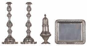 ca 625g, H 23,5 cm 800-1200 163 LOT 725 A pair of 19thC Rococo style candlesticks, no visible hallmarks but tested on silver purity, H 30,7 cm - weight 800 g