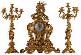 889 A pine rococo cartel clock on a ditto base, flower decorated in