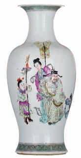LOT 66 A Chinese polychrome brush pot, decorated with figures and birds in a landscape, with