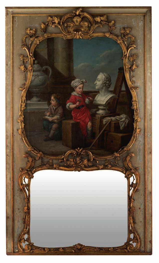 221 LOT 1000 Carle Vanloo, an allegory on sculpture, oil on canvas, dated 1741, the painting set in a good quality, gilt carved and painted ground large French LXV trumeau mirror (pier glass),