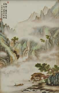 plaque, decorated with figures in a mountainous winter river landscape,