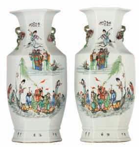floral decorated vase, the panels with court scenes, warriors, birds and flower branches, 19thC;