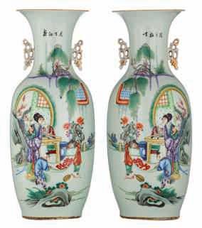 Chinese famille rose quadrangular vase, decorated with ladies, a deer and a