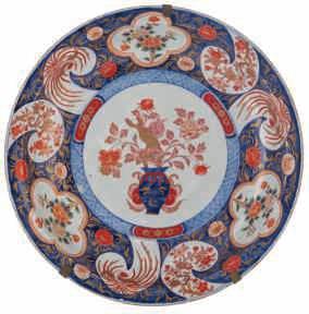 Arita Imari plate, central decorated with a flower basket, the borders with flowers and
