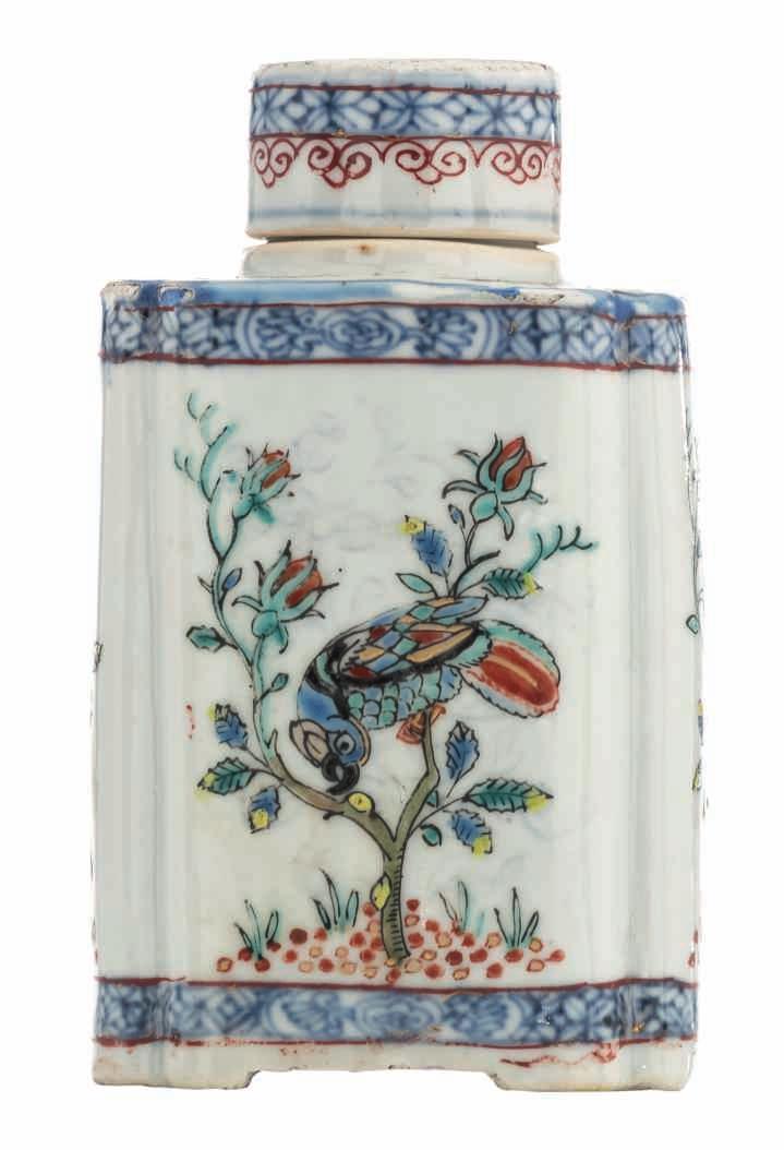 56 LOT 237 A rare Chinese porcelain Amsterdams Bont decorated tea caddy and its cover, about 1725-1735, painted in the kakiemon style, with two parrots in turquoise, red and