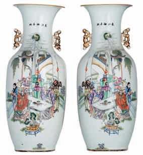 Chinese famille rose vases, decorated with figures and children wandering around in