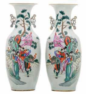 decorated with ladies in a garden, signed, on the reverse text, both vases