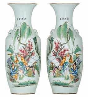 yellow ground and famille rose relief vases, decorated with various birds, H 45,5