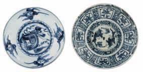 LOT 330 A lot of four Chinese blue and white porcelain dishes and two ditto large bowls, the dishes decorated with ladies in a garden setting, the bowls with a riverlandscape, the