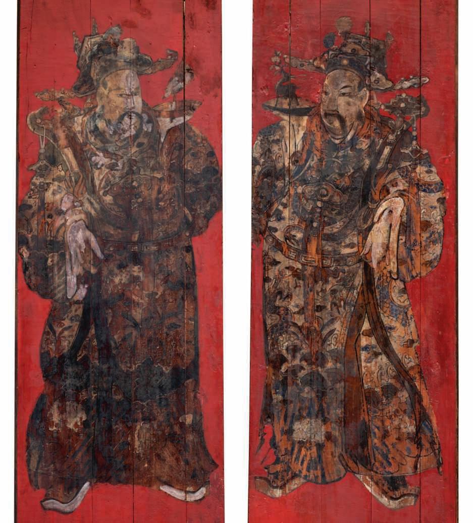 6 LOT 5 A pair of temple doors. These two doors are inside doors of a citang, a family or ancestor temple. Both doors are painted with civil door guardians, based on scholar-official figures.