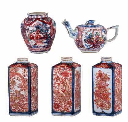 Chinese Imari porcelain salt cup, three cream jars, a tea caddy and a mustard jar