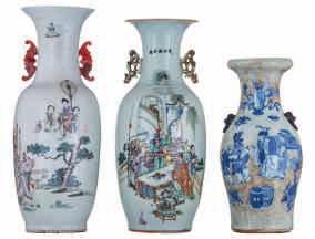 Chinese polychrome vases, decorated with ladies, children and calligraphic texts, the handles bat shaped,