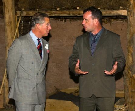 HRH Prince Charles and David Chapman of Ancient Arts at the opening of the Llynnon Roundhouses.