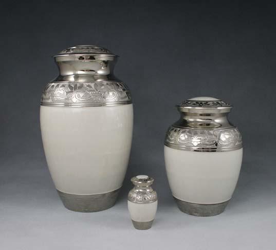 Brass Urns & Memorials White Enamel & Nickel Urn Solid brass urn plated with white enamel and nickel. Material Enamel & Nickel Urn Code 1528a Lrg Size 10" / 25.4cm tall Capacity 200 cubic inches / 3.