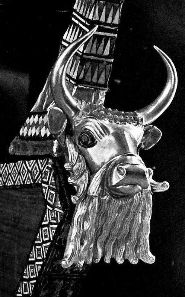 Figure 5: Bull s-head finial of an ancient lyre from the Royal Cemetery at Ur. Inlay of gold, shell, lapis-lazuli and carnelian. Early Dynastic period, ca. 2600 B.C. Photo after Sir Leonard Wooley, The Art of the Middle East.