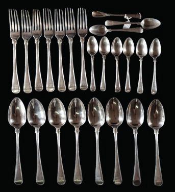 231 A set of George III Old English thread pattern part flatware service, maker Peter & William Bateman, London, 1810 bears crest of the Cosserat family, includes eight